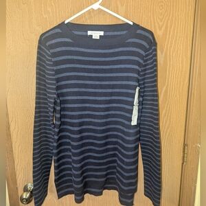 NWT Liz Claiborne High-Low Ribbed Crew Neck Navy Blue Striped Sweater  XL Love